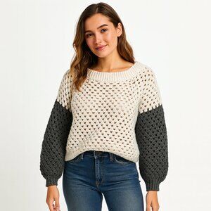 Granny Square Crochet Sweater M Cream Grey Hand Knit Cozycore Cottagecore Boho